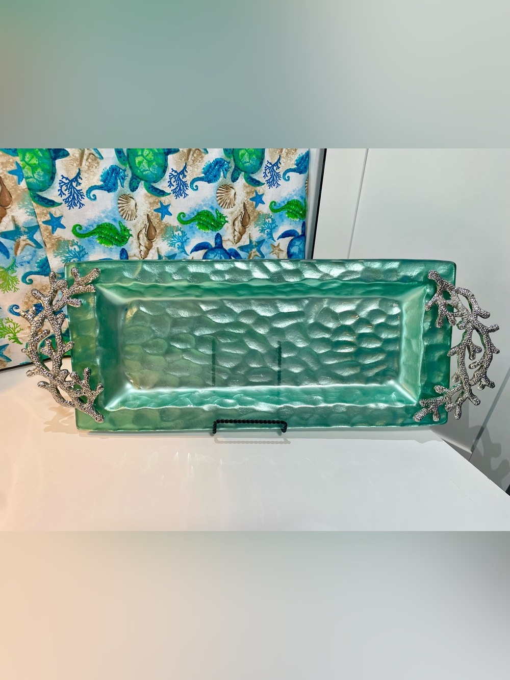 Pier 1 Teal Glass Serving Platter w/ Silver Coral Handles | Coastal Serving Tray